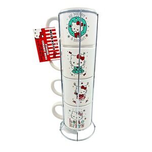 Hello Kitty Stacked Ceramic Mugs Set Of Four 10 oz. w‎ Rack Christmas Sanrio NEW